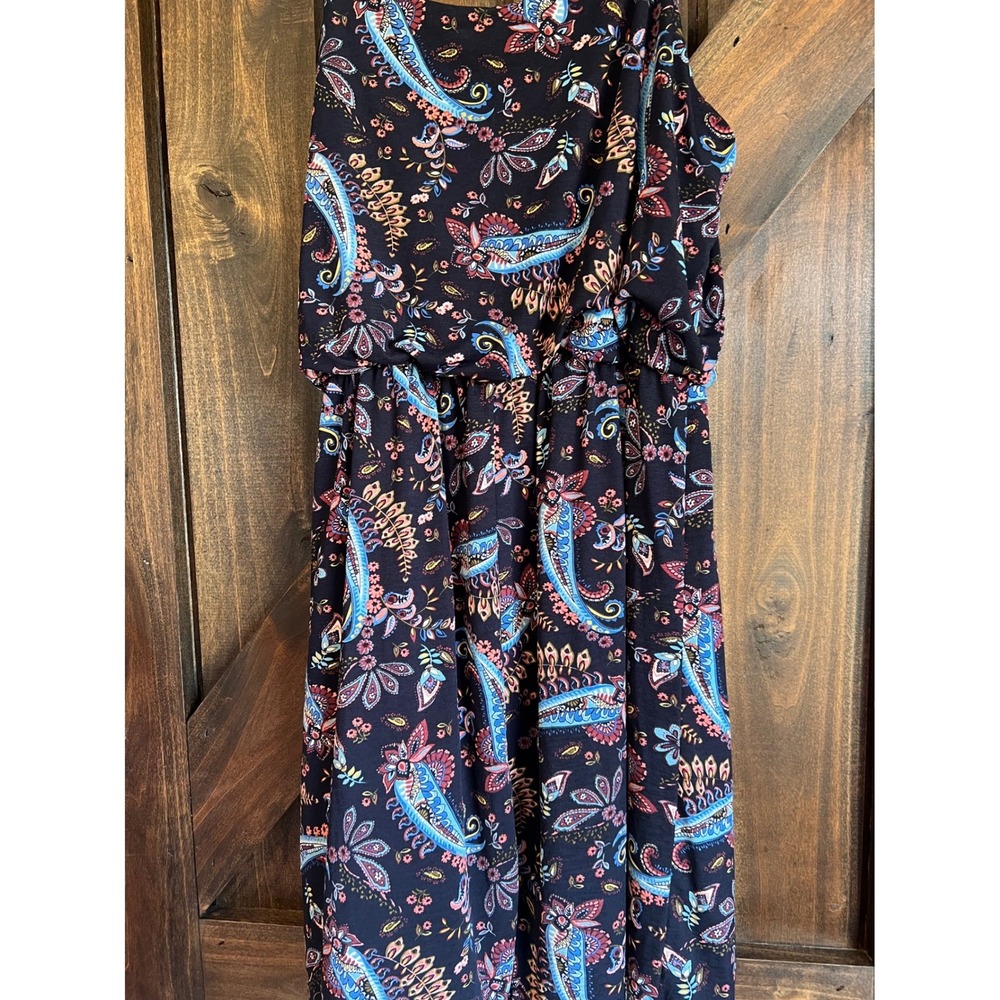 Navy Paisley Floral Spaghetti Strap Dress Large, Romantic Bohemian Travel Spring - Picture 4 of 12